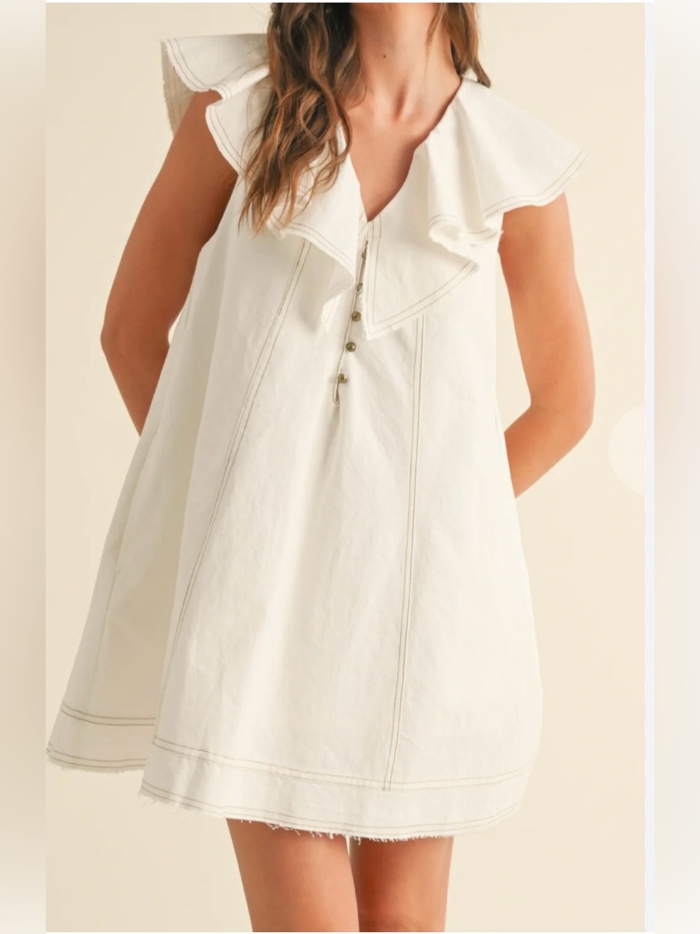 PILCRO Anthropologie White Ruffle Collar Sleeveless Dress